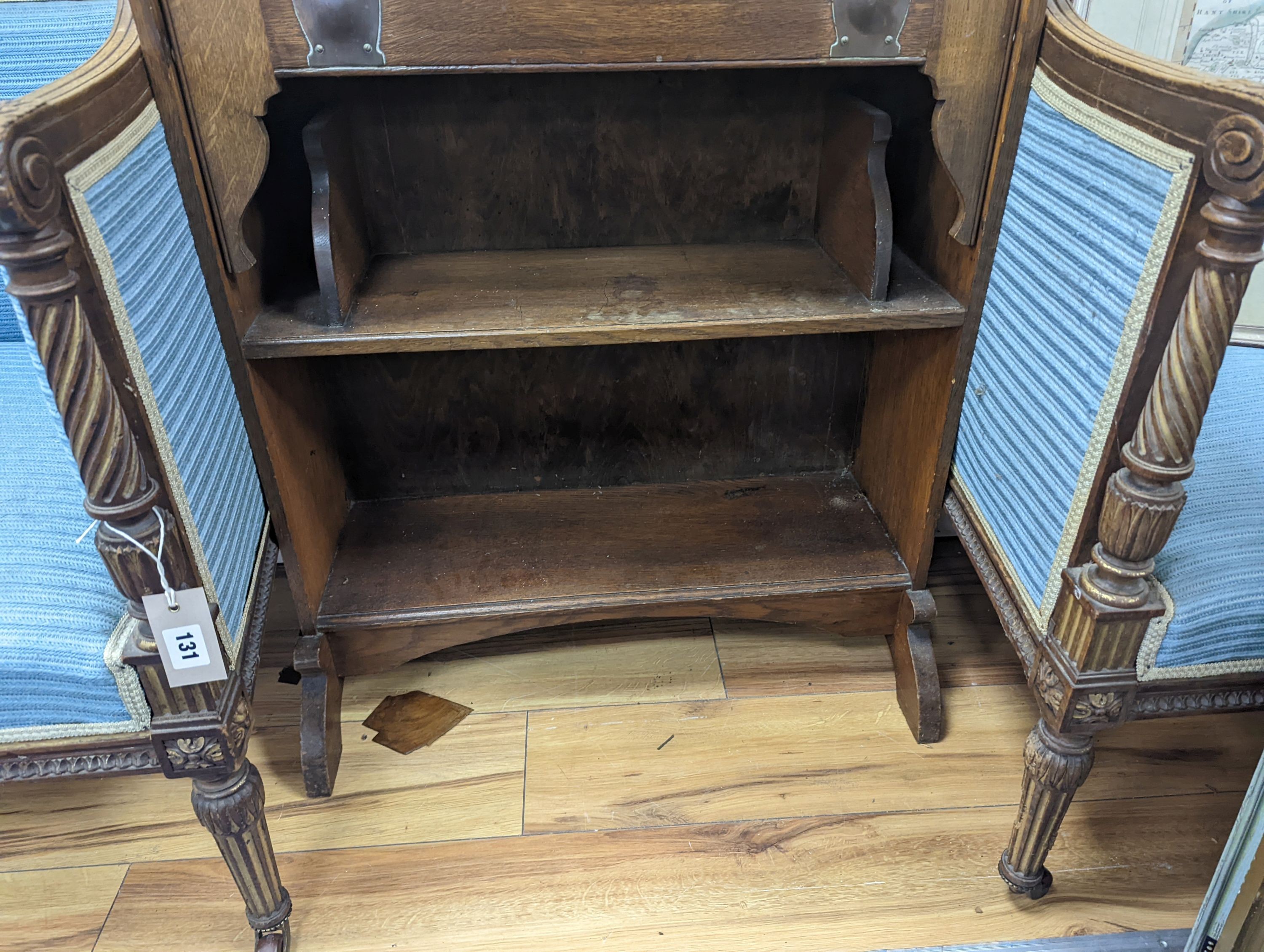 An Arts and Crafts copper mounted oak bureau, width 64cm, depth 24cm, height 120cm